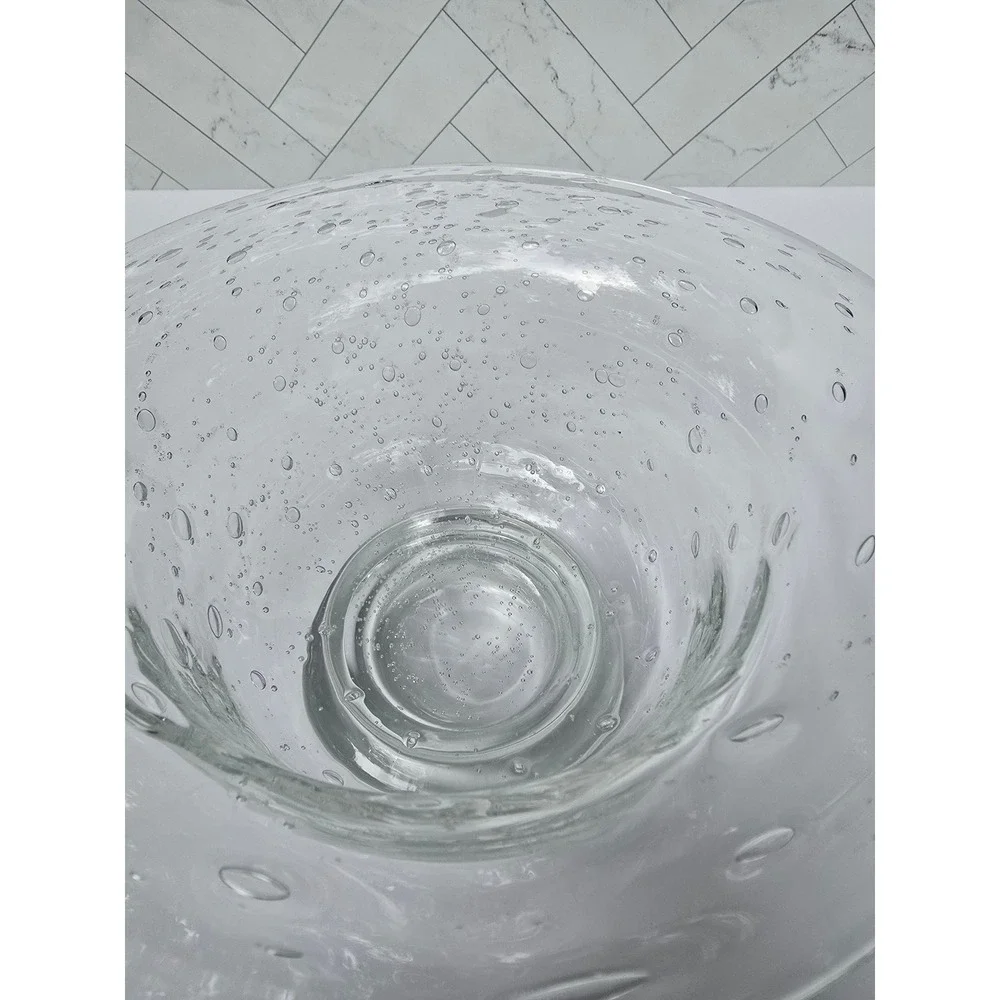 Hand Blown Clear Controlled Bubble Glass Pedestal Bowl Flared Centerpiece MCM